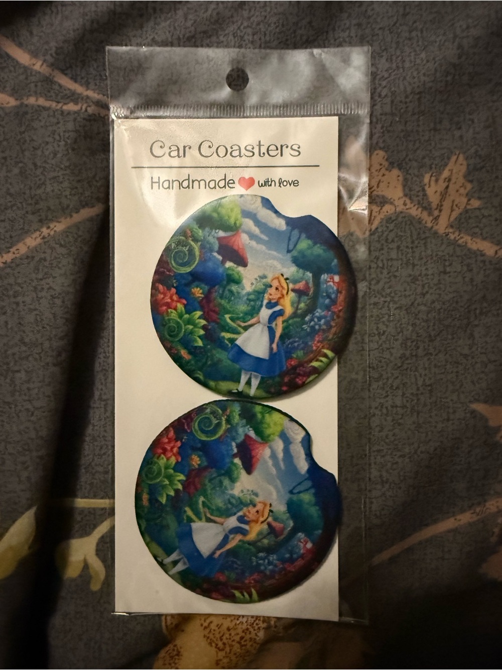 Handmade Blue & Green Alice-Themed Car Coaster Set